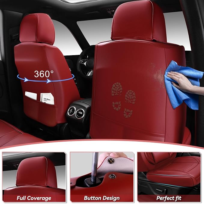 CAR PASS Luxury Nappa Leather Car Seat Covers Full Set, Lumbar Support Seat Covers for Car 5 Seats, Waterproof Car Seat Protector, Automotive Seat Covers Universal Fit for Sedans SUV Trucks Burgundy