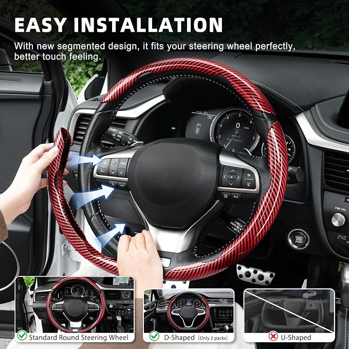 Amiss 3pcs Carbon Fiber Anti-Skid Steering Wheel Cover, Waterproof Design, Universal Fit for 14-16 Inch Car Wheel Cover, Interior Car Accessories for Jeeps, SUVs, Trucks (Glossy Red)