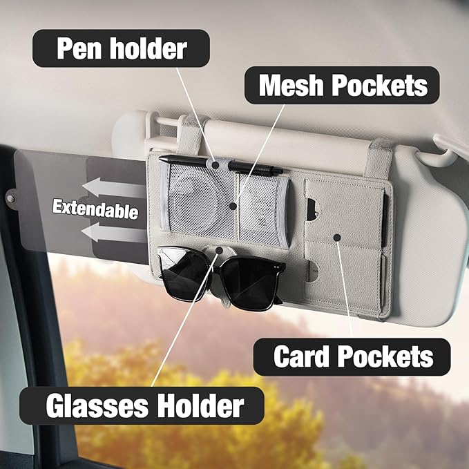 SEG Direct Car Sun Visor Extender Organizer Magnetic Sunglass Holder Gray | Sun Blocker, Sunglass Hanger Clip, Ticket Card Organization Pouches, for Car Truck SUV