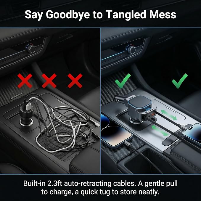 Bluetooth 5.3 Car Adapter, 96W FM Transmitter, 4-in-1 Retractable Charger | 96W Fast Charging | Bluetooth 5.3 Auto-Reconnect | 2 Retractable Cables (USB-C+Lightning) | 2 USB Ports | AUX+FM
