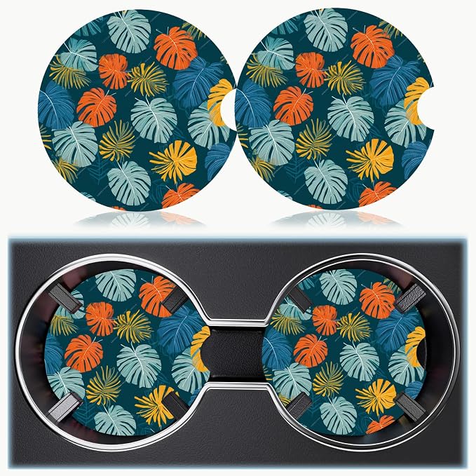 Car Cup Holder Coaster Set of 2, 2.56 in Ceramic Coasters, Scratch-Resistant Cork Backing, Finger Groove Design for Easy Placement, Cute Car Accessories Interior for Women (Blue Maple Leaf)