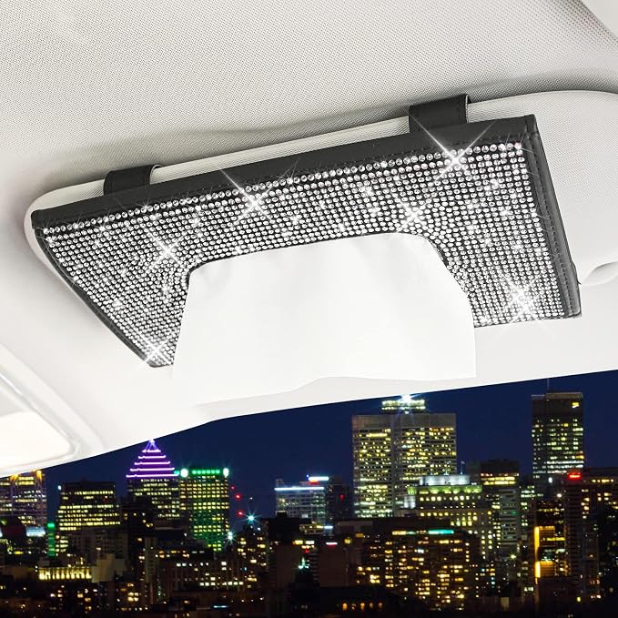 ChuLian Bling Bling Car Visor Tissue Holder Leather Crystals Paper Towel Cover Case & Glitter Sunglasses Clip for Women Black