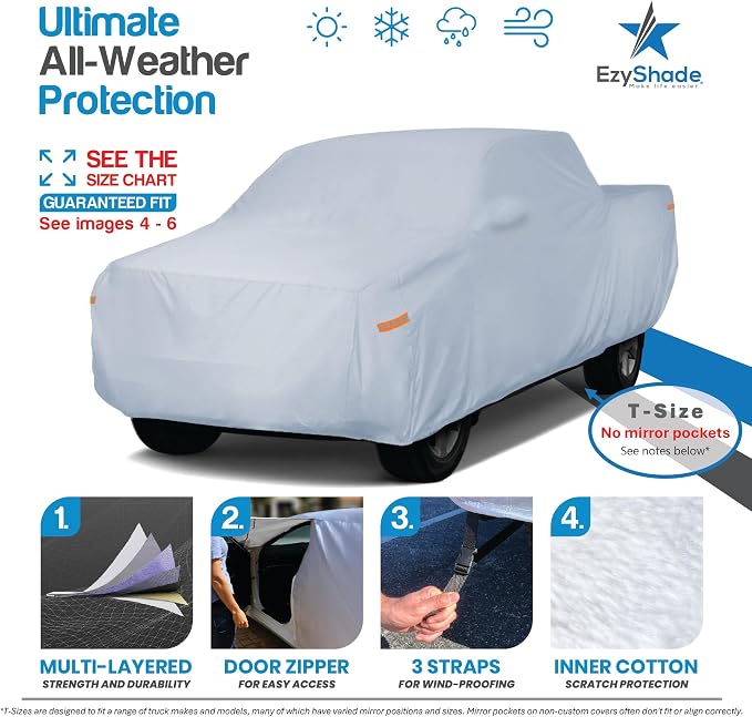 EzyShade Multi-Layer Truck Cover Waterproof All Weather - See Vehicle Size-Chart - Full Outdoor Pickup Truck Covers for F250 F150 Tundra Titan - Sun UV Wind Rain Snow - Size T5 (See SizeChart)