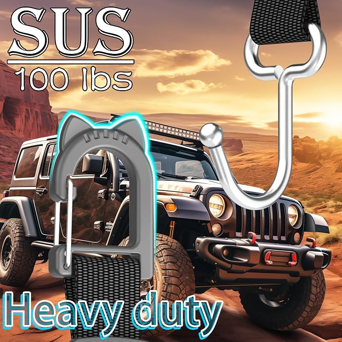 Purse Hook for Car, Adjustable Headrest Hooks, 2 Pack | 100 LBS Heavy Duty, Metal Construction, Includes Carabiner, Easy Install