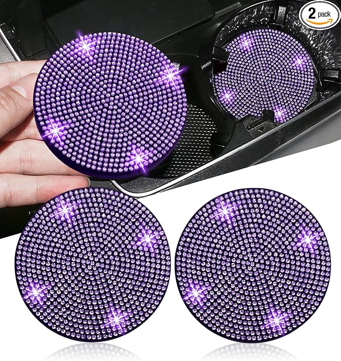 NBTEPEM 2pcs Bling Car Cup Holder Coaster, 2.75 inch Anti-Slip Shockproof Universal Car Coasters Insert Bling Crystal Rhinestone Automotive Interior Accessories for Women (2 pcs, Purple Violet)