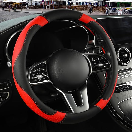 Black Red Microfiber Leather Steering Wheel Cover 14 inch | Breathable Anti Slip Grip Cool Sporty Look Glow for Women Men