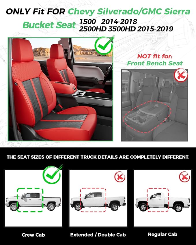 Custom Leather Seat Covers for 2014-2018 Sierra/Silverado 1500 | Only Crew Cab, Fits 2500/3500HD 2015-2020, no Rear Armrest/Seatback Storage, Waterproof, Scratch-resistant, Easy-clean
