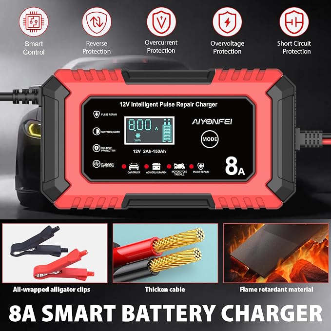 12V Battery Charger 8-Amp Smart Trickle Charger, Red | Battery Maintainer and Desulfator, Temperature Compensation, for Car, Truck, SUV, Motorcycle, Boat, Lead Acid, LiFePO4 ﻿