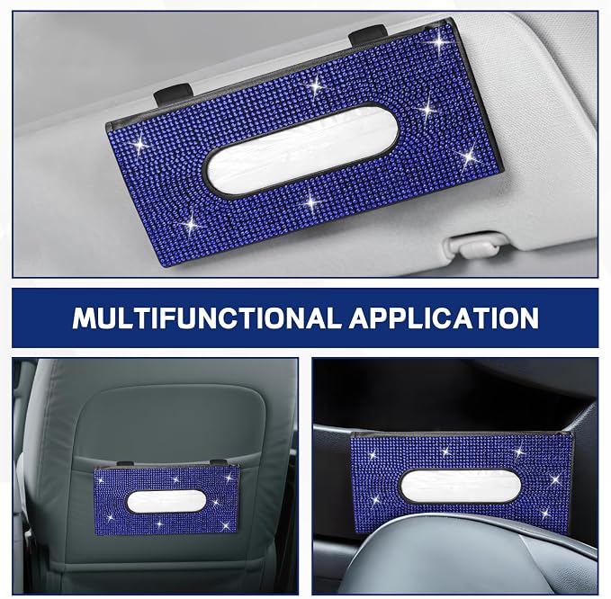 Bling Car Tissue Holder for Sun Visor, Crystal Rhinestone Visor Tissue Box, Leather Vehicle Paper Towel Case, Sparkling Auto Napkin Holder for Women, Car Accessories Decoration (Blue)