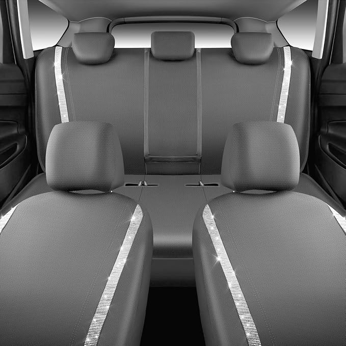 CAR PASS Bling Car Seat Covers Full Set, Shining Glitter Rhinestone Diamond Waterproof Faux Leather Interior Sets Universal Fit Automotive Glitter Crystal Sparkle Strips for Cute Women Girl, Gray