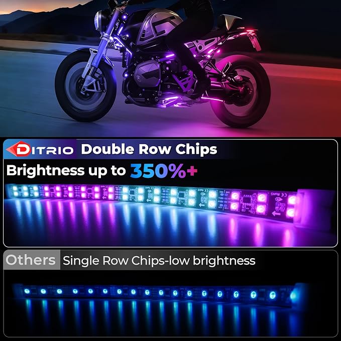 8PCS Double Row Motorcycle Led Lights with Brake Turn Signal,Underglow Light Kits with DITRIO APP/RF Remote Control, Dual Zone,Waterproof,12V Pixelglow RGB Lights for Motorcycles, Golf Carts, UTVs
