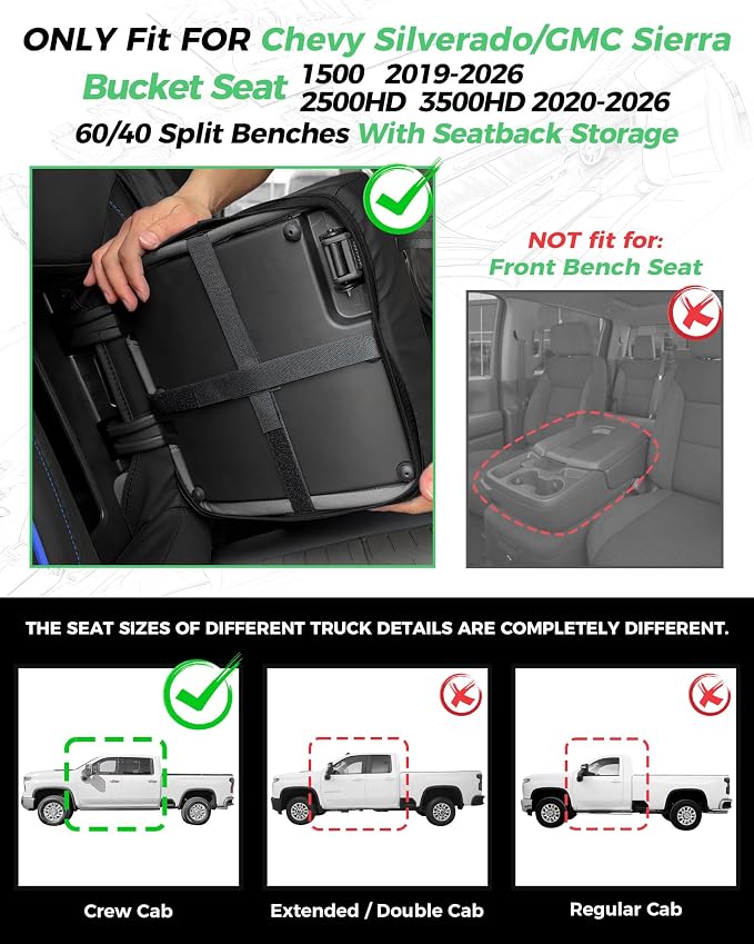 Custom Fit Seat Covers for 2019-2026 Sierra/Silverado 1500 CrewCab | Fits 2500/3500HD 2020-2026, with Rear Armrest/Seatback Storage, Faux leather, Waterproof, Scratch-resistant, Easy-clean