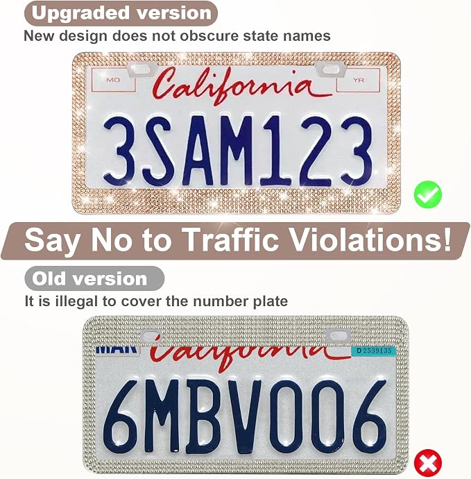 QUANQIUFEI 2 Pack Bling License Plate Frames for Women, Sparkly Rhinestone Diamond Car Accessories with Glitter Crystal Caps (Champagne)