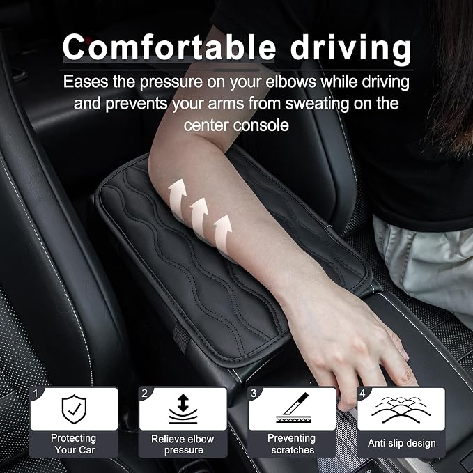 Amiss Car Center Console Cover, Upgraded Leather Car Armrest Cushion, Universal Waterproof Cushion Pad, Non-Slip Car Interior Accessories, Fits Most Sedans SUVs Trucks (Black)