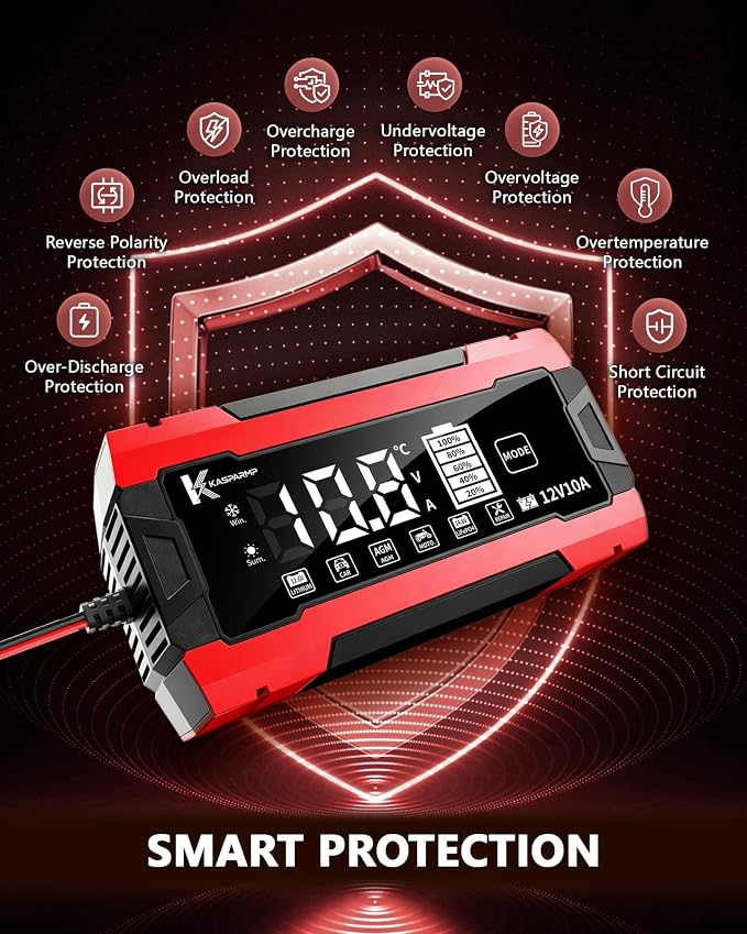 12V 10A Smart Battery Charger for Car and Motorcycle Battery Maintainer & Trickle Charger with Pulse Repair LCD Display Temperature Compensation for AGM Gel SLA Deep Cycle Lead Acid Batteries