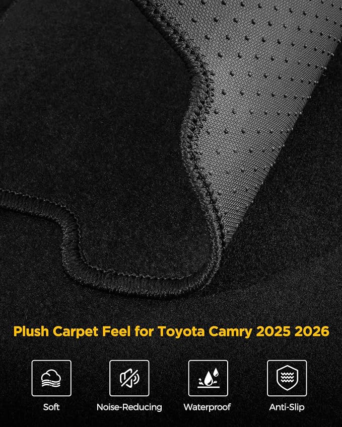 Carpet Floor Mats for Toyota Camry 9th 2025 2026 LE/SE/XLE/XSE, All Weather Full Black Rugs with Non-Slip Nibs Custom Fit for Front & 2nd Rear Row, Noise-Reducing Waterproof Odorless Car Accessories
