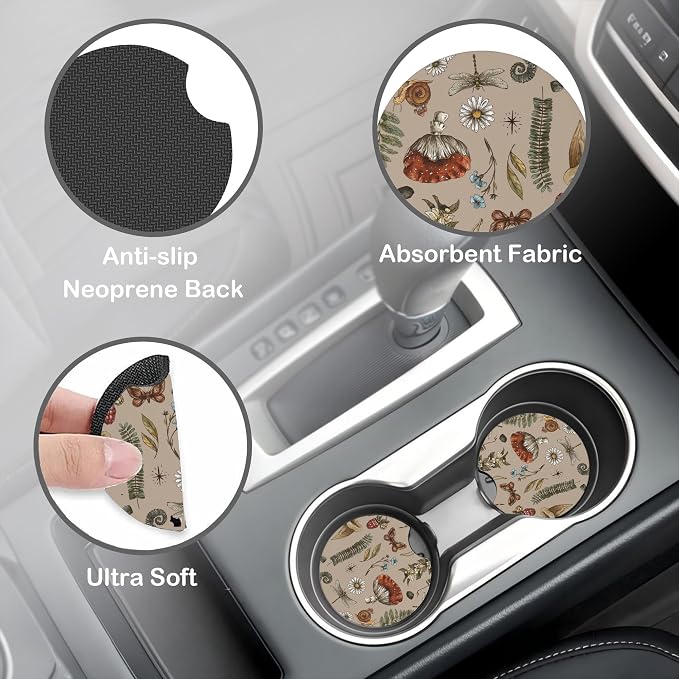 Woodland Fern Mushroom Steering Wheel Cover for Women, Anti-Slip Car Steering Wheel Cover with 2 Pcs Cup Holders Neoprene Breathable Car Accessories Universal 15 Inch Auto Interior Decor