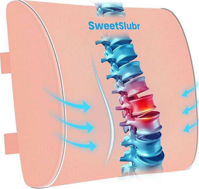 SweetSlubr Lumbar Support Pillow for Office Chair, Car & Gaming Chair, Ergonomic Memory Foam Cushion for Back Comfort, Zoned Back Support, Double Adjustable Straps, Breathable Washable Cover, Pink