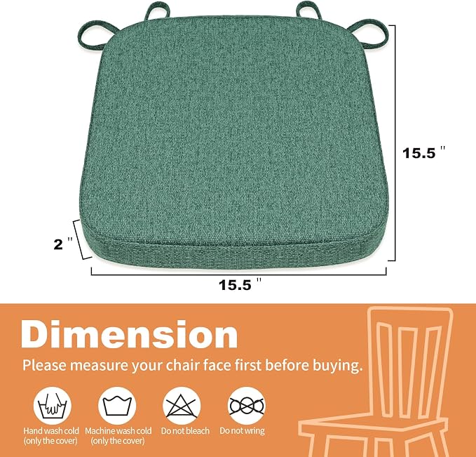 SINOSSO Memory Foam Chair Cushions for Folding Chairs 6 Pack, Thickened 2" Square Pads with Ties for Kitchen Chairs, Indoor Non-Slip Dining Chair Seat Cushions (Set of 6, Green)