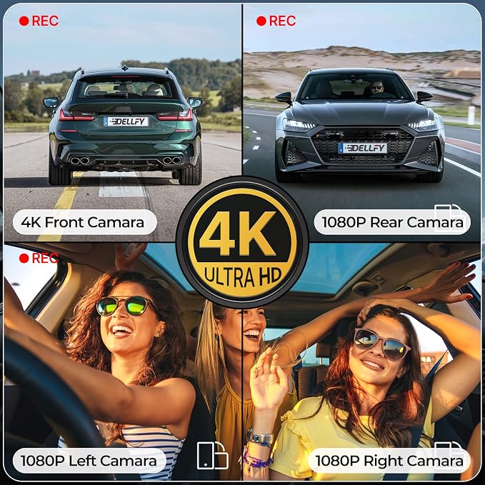 4 Channel Dash Cam, 4K Front Rear and Inside Dash Camera for Cars, 360° View, Free 128GB Card Included, 5GHz WiFi, GPS, APP Control, 24/7 Parking Mode, 8 IR Night Vision Lights, G-Sensor