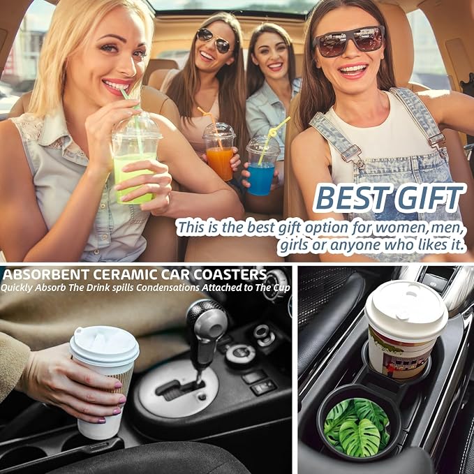Cup Holder for Car,Tropical Leaf Pattern Ceramic Coasters Non-Slip Cup Holder Insert with Fingertip Grip, Auto Interior Accessories for Women & Men,Pack of 2, 2.56In