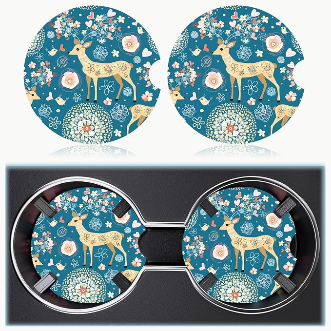 Car Cup Holder Coaster Set of 2, 2.56 in Ceramic Coasters, Scratch-Resistant Cork Backing, Finger Groove Design for Easy Placement, Cute Car Accessories Interior for Women (Blue Fawn)