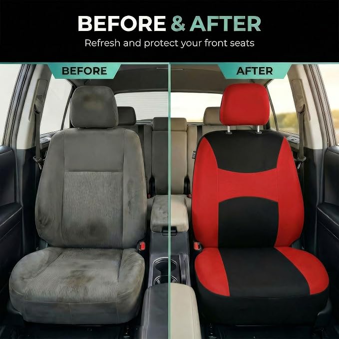FH Group Universal Car Seat Covers Front Set for SUV Truck Sedan Vans | Waterproof All-Purpose Cloth Seat Cover Set Airbag Compatible Washable Split Bench Protector Interior Upgrade - Red