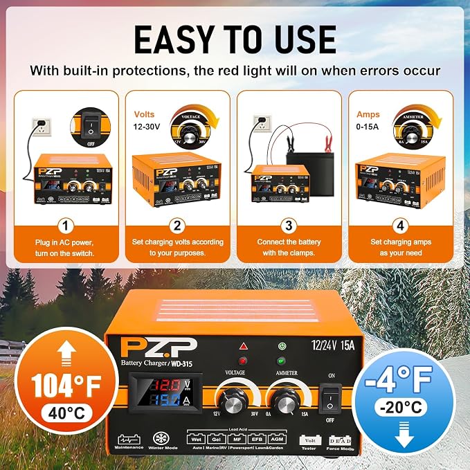 PZP 0-15Amp12V 24V Manual Battery Charger Maintainer, Arbitrarily Adjustable Car Battery Trickle Charger, Battery Desulfator with Repair, Winter Mode, Suitable for Motorcycle Car Truck Lawnmower Boat