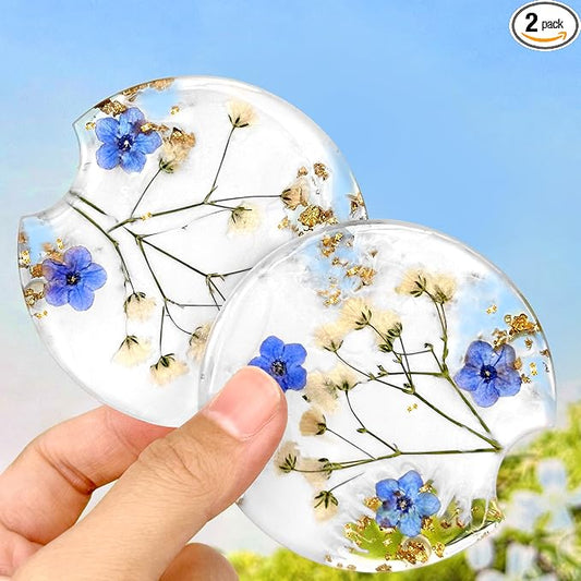 Swooflia Flower Car Cup Holder Coasters for Women - 2.75 Inch Cute Resin Clear Automotive Drink Cupholder Insert Car Accessories 2 Pack Blue