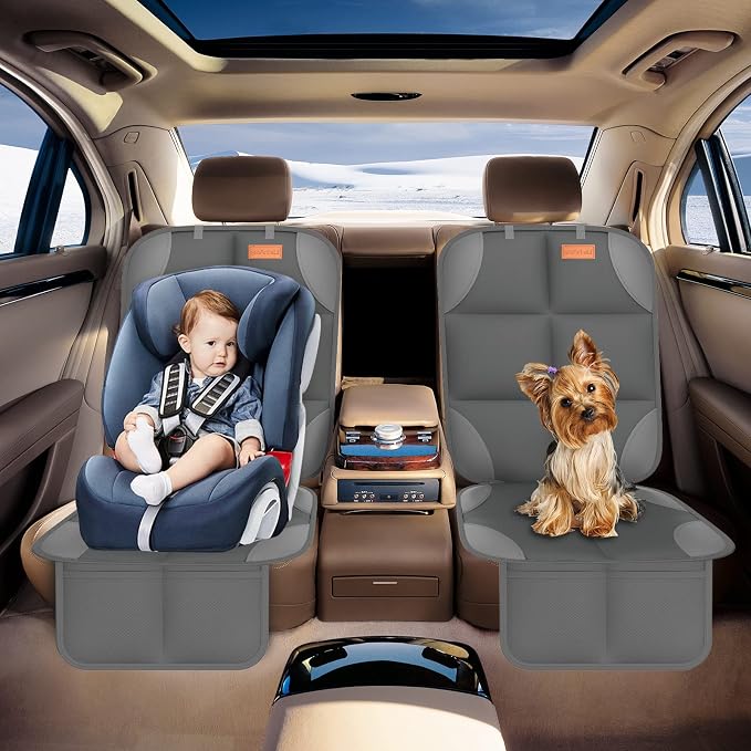 SMART ELF 2-Pack in Gift Box Car Seat Protector, Heavy-Duty Cushion for Child Seats with Extra Padding & Anti-Slip Backing, Storage Mesh Pockets for Car, SUV, Truck (Dark Gray)