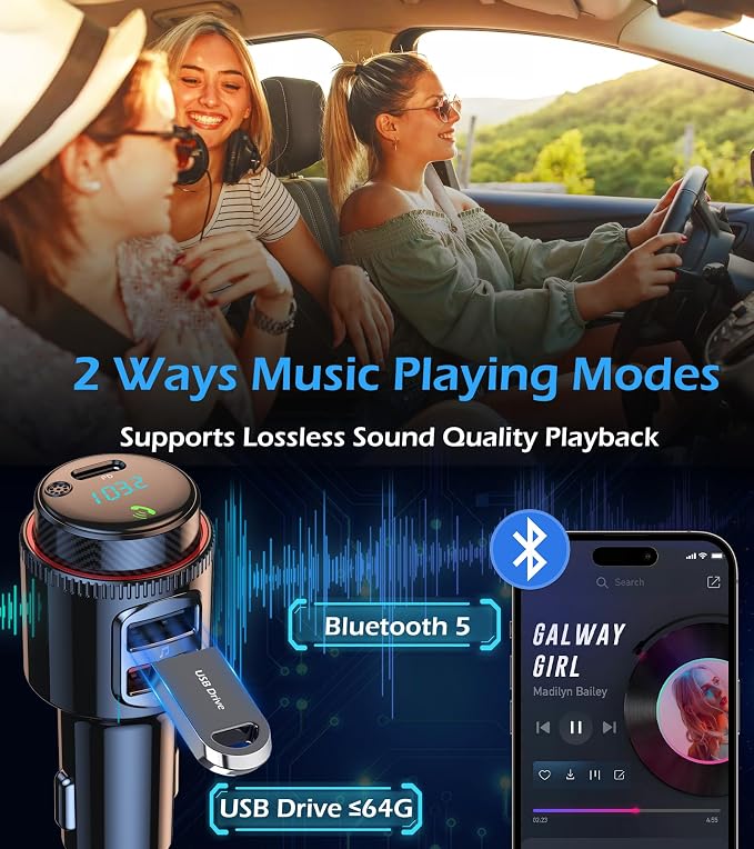 LIHAN Bluetooth 5.4 Car FM Transmitter,Wireless Radio Adapter with 48W(PD 30W USB-C & QC3.0) Fast Charging,Hands-Free Calls,HiFi Deep Bass,Siri/Google Assistant,Music Player for Cars/Trucks/Vans