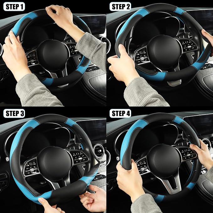 Black Blue Breathable Microfiber Leather Steering Wheel Cover | Breathable Anti Slip Grip Cool Sporty Look Glow for Women Men