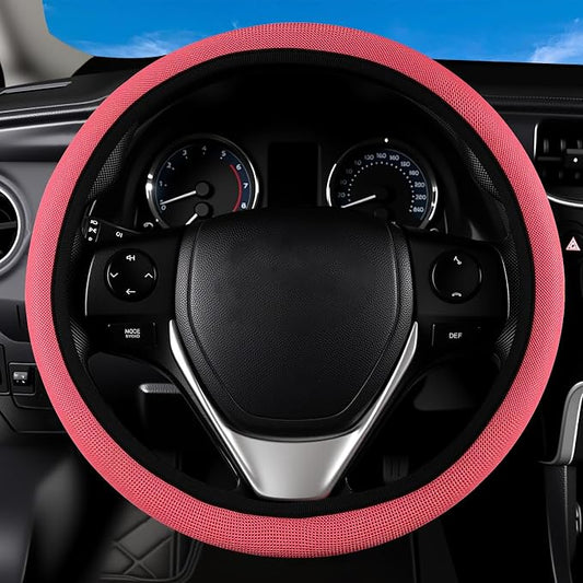 Red Mesh Steering Wheel Cover, Universal 15 inch, Elastic Stretch Microfiber Breathable Ice Silk Cover, Anti-Slip, Odorless, Sweat Absorption, Warm in Winter and Cool in Summer