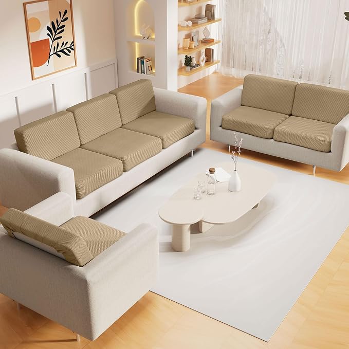 hyha Waterproof Couch Cushion Covers, Sectional Sofa Cushion Slipcovers L Shape, Thick Stretch Jacquard Fabric, Washable Chaise Lounge Cover with Elastic Bottom (1 Piece for Chaise, Sand)