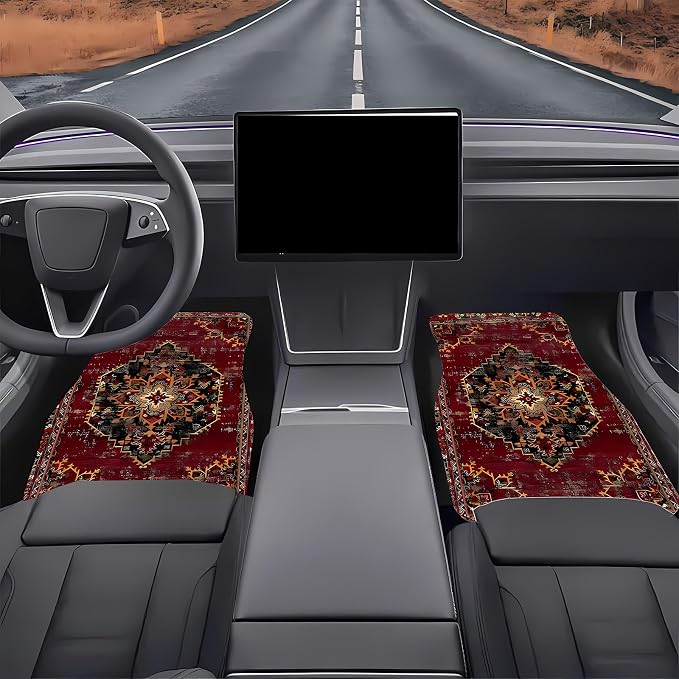 Universal Fit Car Floor Mats Set of 4Pcs,Bohemian Retro Yellow and Red All-Weather Front Rear Car Carpet Mats, Non-Slip Car Floor Mat Car Accessories for Automotive Trucks SUV Sedans Vans