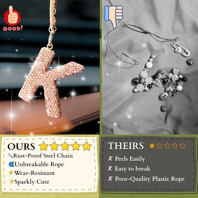 Bling Car Accessories for Women Letter Charm, Rainbow Color Rear View Mirror Cute Crystal Pendant Car Decorations, Lucky Gifts Diamond Rhinestone Charm Interior (K, Champagne Gold)