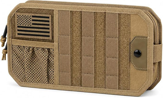 Molle Car Sun Visor Organizer,Car Accessories with Zipper Visor Storage Pouch&Glasses Clip&Adjustable Straps, Semi-Rigid Molle Panel for Tactical Gears, Fits Most Vehicles, SUVs (Khaki)