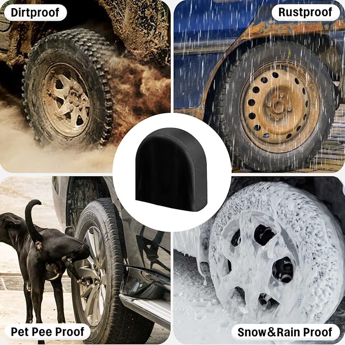 OutdoorLines Waterproof Tire Covers Set of 4 | UV Proof Trailer Wheel Cover for RV Jeep Trailer Camper Van Truck, Universal Tire Covering Fits Diameters 33"-35", Black