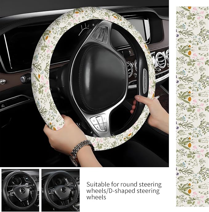 Steering Wheel Covers for Car, Truck, and SUV, Cute Non-Slip Breathable Elastic Steering Wheel, Car Accessories, Universal 15 Inch Leather Cover for Men Women Floral Greenery