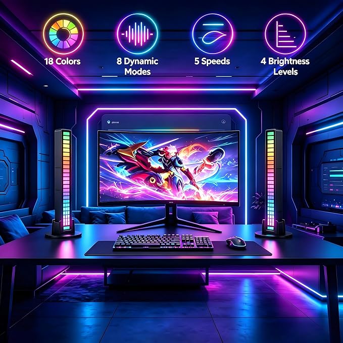 RGB Rhythm Light Bar, Sound Activated Light for Gaming, Bedroom & Car Decor | 32 LEDs, 18 Colors & 8 Dynamic Lighting Modes, USB Powered, Plug & Play Ambient Light for Party & Desktop Atmosphere Decor