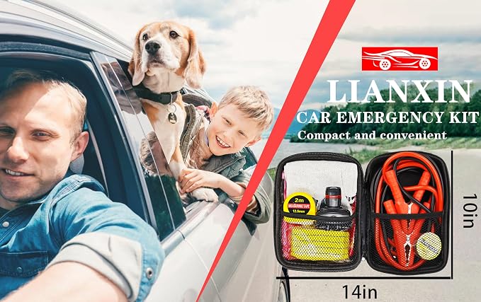 LIANXIN Emergency Car Kit with Jumper Cables Headlamp Car Safety Kits Pale | Roadside Car Emergency Kit Tow Straps, Tape Measure, Rainwear, Multi-tool Kit, Breakdowns Gifts for New Drivers