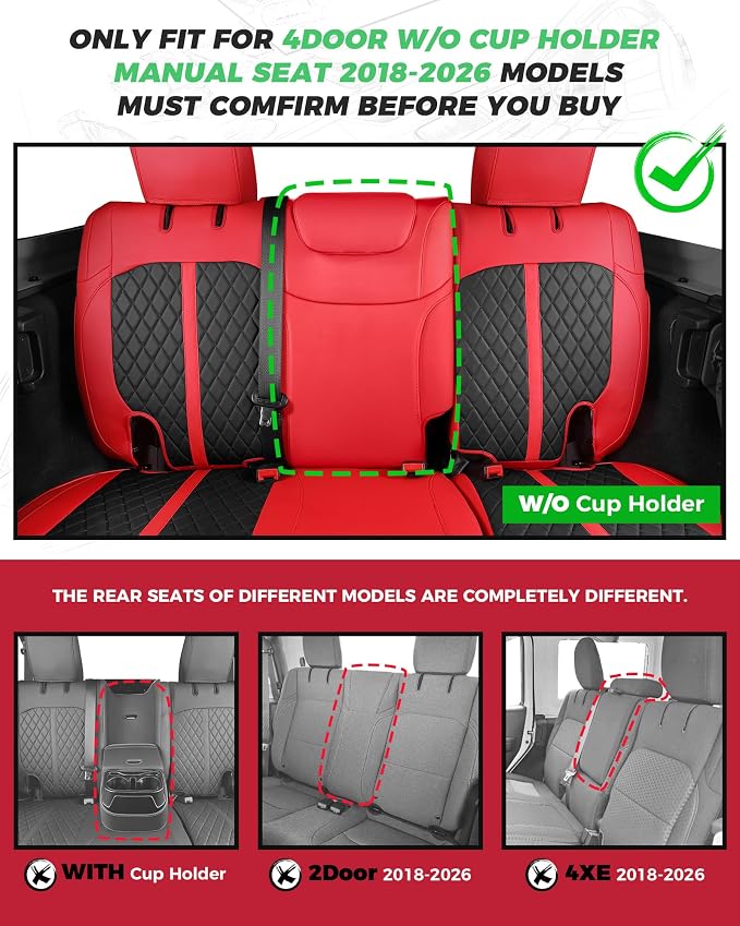 for Jeep Wrangler Seat Covers 4Door JL 2018 2019 2020 2021 2022 2023 2024 2025 2026, Custom Fit Car Seat Cover Full Set, Luxury Waterproof Leather Protectors, Red Black, W/O Rear Cup Holder