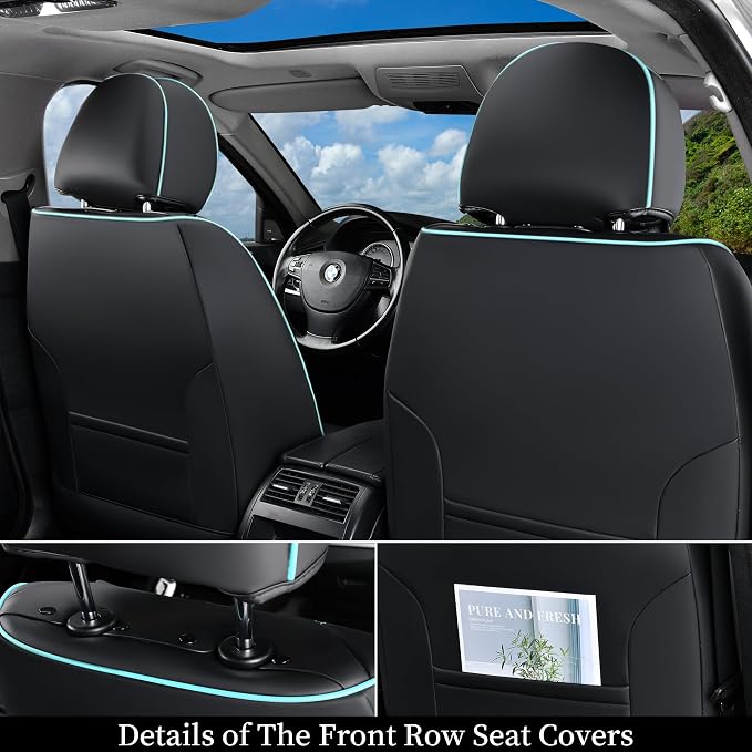 Coverado Car Seat Covers Full Set, 5 Seats Universal Seat Covers for Cars, Breathable Fabric Faux Leather Auto Seat Cushions, Front and Rear Seat Protectors Fit for Most Cars, Black& Blueline
