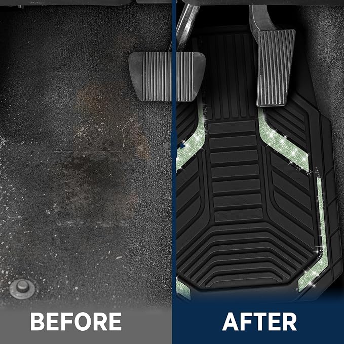 PIC AUTO Car Floor Mats, Green Sparkly Crystal Bling Glitter Car Mats Set, Front and Rear Heavy Duty Rubber Car Mats with Anti-Slip Backing, All Weather, Trim-to-Fit for Automotive SUVs, Sedan, Vans