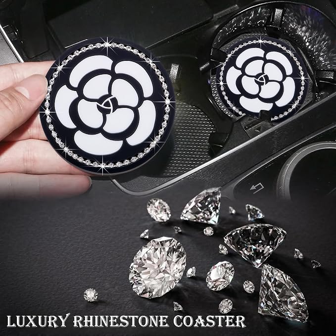 2-Pack Bling Cup Holder Coasters for Cars – 2.75 Inch Silicone Inserts – Anti-Slip, Shockproof – Decorative Vehicle Accessories for Women & Girls (White Flower)