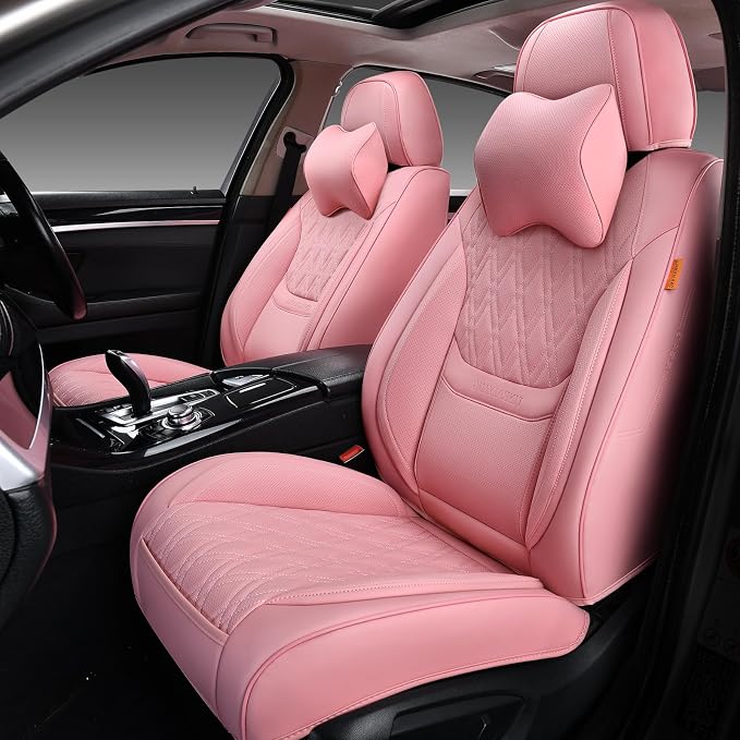 Pink Car Seat Covers Full Set, Breathable Leather Automotive Front and Rear Seat Covers & Headrest, Universal Automotive Vehicle Seat Cover for Most Sedan SUV Pick-up Trucks