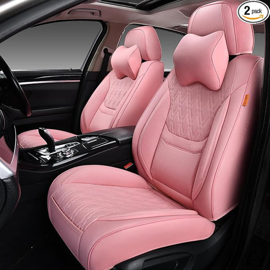 Pink Car Seat Covers Front Pair, Breathable Leather Automotive Front Seat Covers with Headrest, Universal Automotive Vehicle Seat Cover for Most Sedan SUV Pick-up Trucks