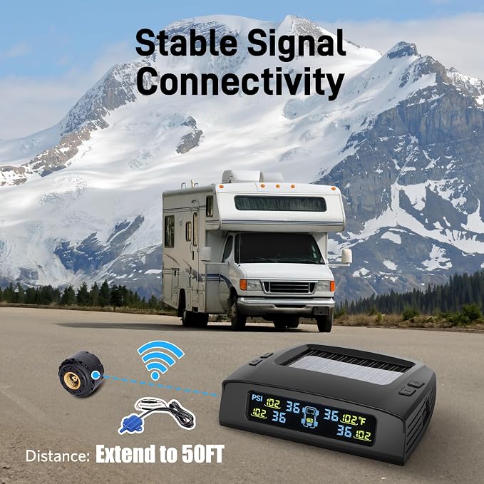 Tymate TM2 RV Tire Pressure Monitoring System, Solar Charge TPMS, 6 Sensors & 5 Alarm Modes, Color Display, W/Repeater for Longer Distance Transmission, 0-144 PSI for RV Trailer Camper Fifth Wheel