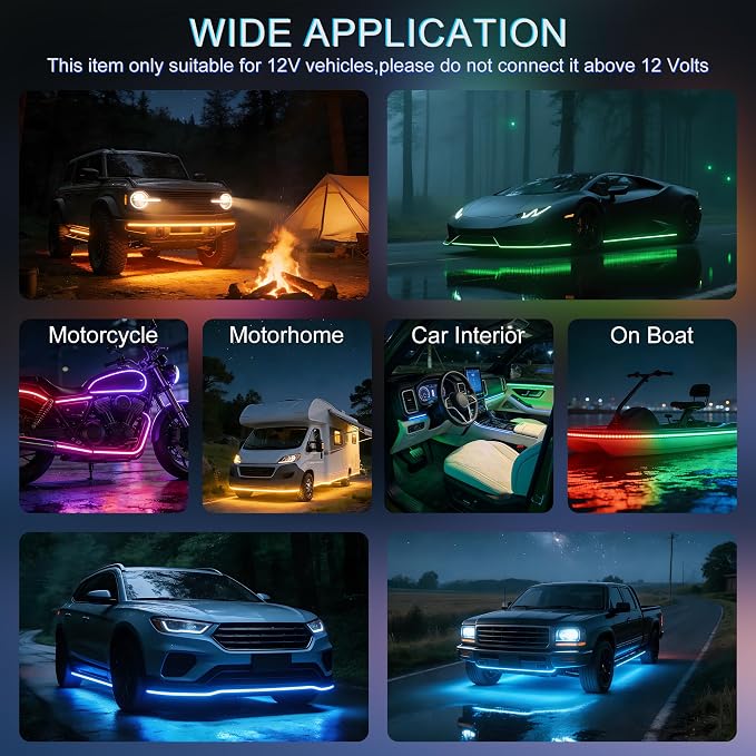 Underglow Light Strip RGB - 4PCS Car Neon Lights Kit with 252 LEDs, Dream Color Chasing Strip Lights，Music Sync, Waterproof PVC Underbody Light Strips with APP，Remote Control for Cars Trucks SUVs