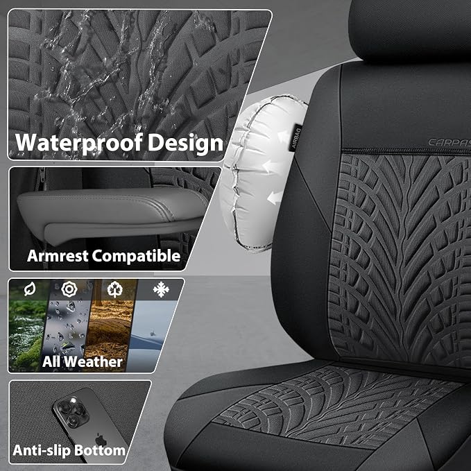 CAR PASS Neoprene Waterproof Seat Covers Full Sets, Wetsuit Car Seat Covers 5 Seats Universal Fit Vans, Truck, SUV, 3D Tyre Embossed Seat Covers Anti Slip with Armrests, Aibag Compatible(Black Gray)